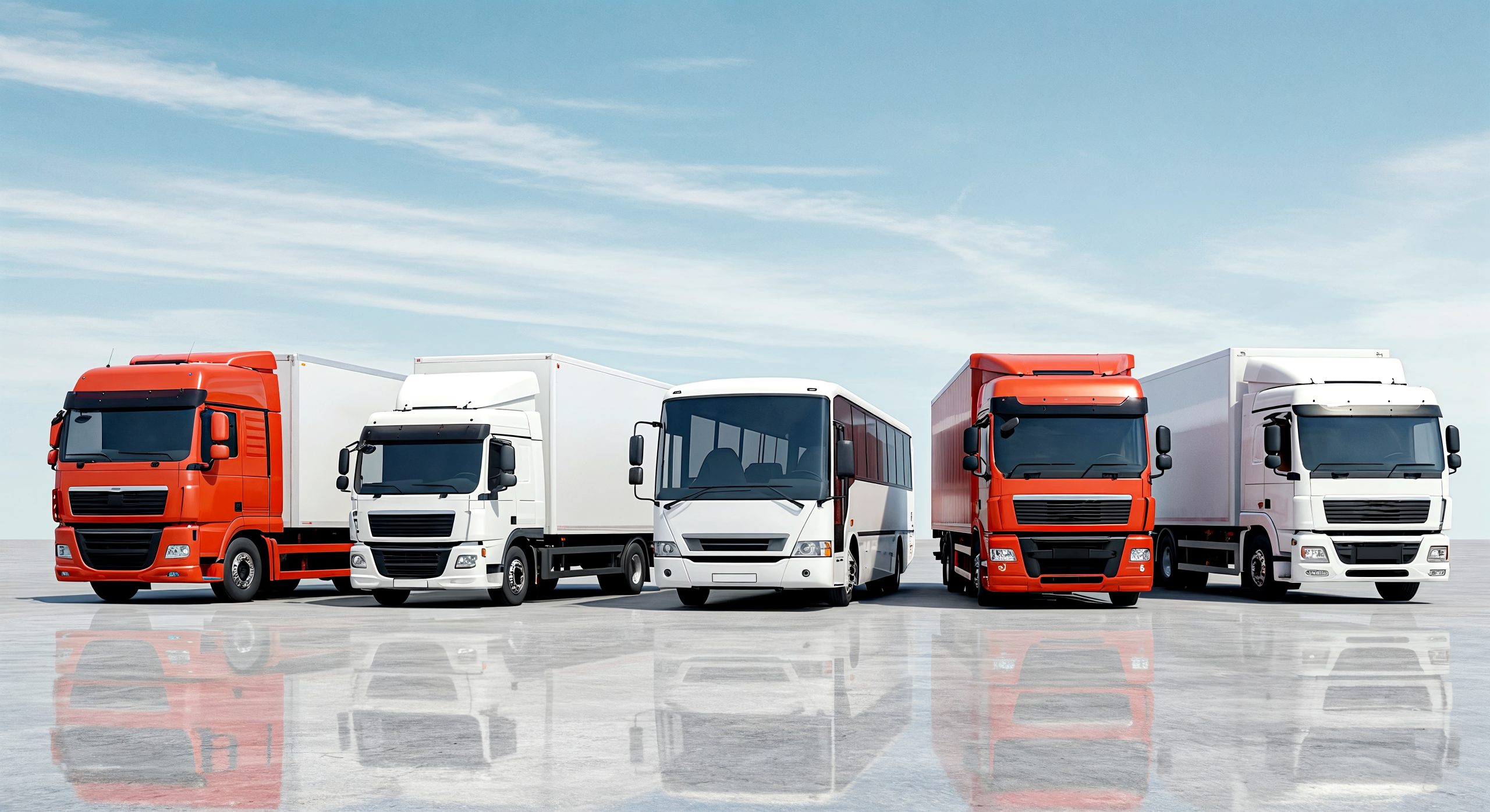 Diverse fleet of delivery trucks and logistics vehicles including red and white semi-trucks, box trucks, and bus parked in a row – Fleet Mate GPS tracking and fleet management solution for optimized transport
